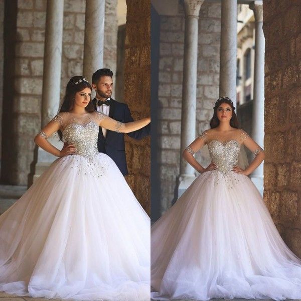 Robe De Bal Arabe Robes De Mariée Sheer Bateau Décolleté Illusion Manches Longues Cristaux De Luxe Tulle Jupe Robes De Mariée Robe De Novia