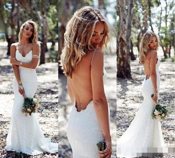 2019 Vestidos de novia sin espalda Sirena Correa de espagueti Vestido de novia de encaje completo sexy Barrido barato Espalda baja BOHO Vestido de novia blanco