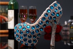 2016 mooie blauwe homecoming schoenen voor meisjes hoge hakken 14cm 12cm 10 cm bling bling kristallen trouwschoenen voor bruiden bruids feest schoenen