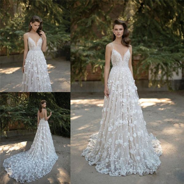 2019 Berta Vestidos de novia nupciales Espaguetis Escote corazón Sin espalda Apliques de encaje Vestidos de novia Tren de la catedral Vestido de novia sin mangas