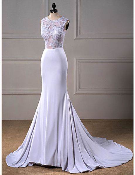 Venta de moda por encargo trompeta sirena elegante corte blanco tren joya apliques satén gasa vestidos de novia 203