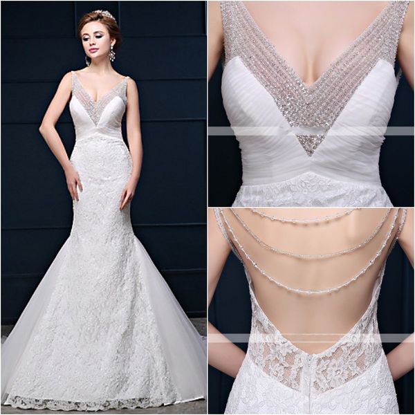 2016 Mejor Venta Moda Por Encargo Trompeta / Sirena Corte Blanco Tren Con Cuello En V Rebordear Cristal Sin Respaldo Encaje / Tul Vestidos De Novia 207