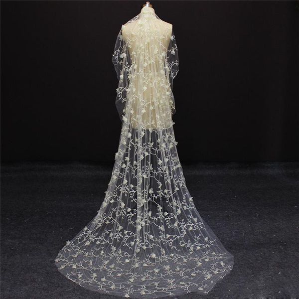 Voile de mariage romantique en dentelle complète, une couche, avec des Appliques florales 3D, accessoires de mariée, longs voiles pour la mariée