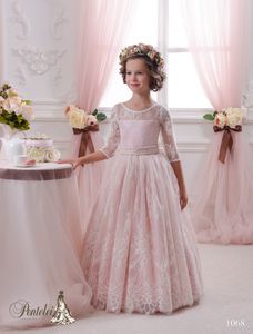 2016 blozen kleine bruid jurken met 3/4 lange mouwen en kralen sjerp kant bloem meisjes jassen op maat gemaakte communie jurk voor kinderen