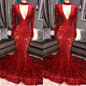 Red Royal Blue prachtige bling pailletten prom jurken mermaid lange mouwen v nek avondjurk vrouwen elegante feestjurken bc0842