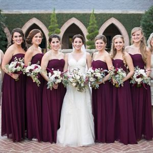 Bridemaids vestidos de uva morado marrón largo barato de alta calidad de alta calidad vestido de dama de honor fruncido gasa longitud longitud cariño sin mangas