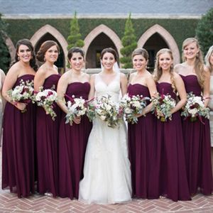 Bridemaids Jurken Druif Paars Marron Lange Goedkope Hoge Kwaliteit Bruidsmeisjesjurken Ruched Chiffon Floor Lengte Sweetheart Mouwloos