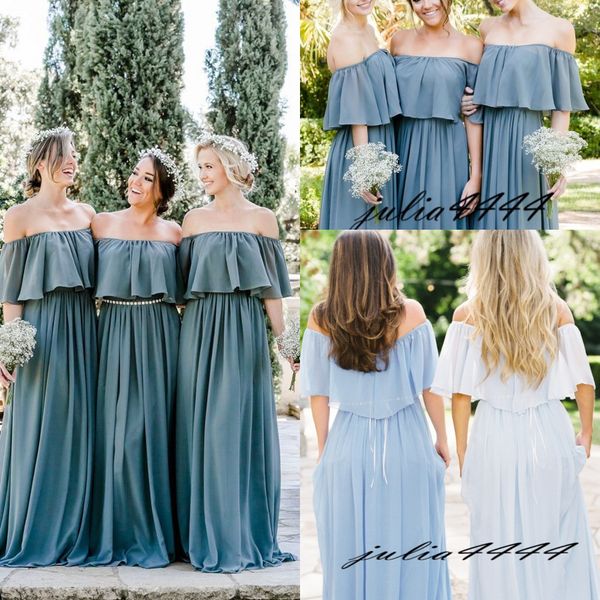 2019 robes de demoiselle d'honneur modestes une ligne longue bleu sarcelle en mousseline de soie style campagnard plage junior demoiselle d'honneur robes de soirée de mariage robes d'invité