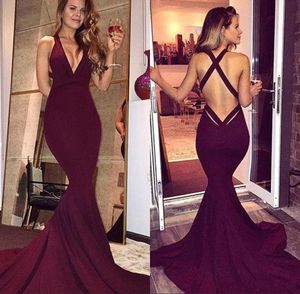 2018 Bourgondië Mermaid Prom Jurken Diepe V-hals Criss Cross Backless Mouwloze Sweep Train Long Party Jurken Avondjurken Formele Kleding