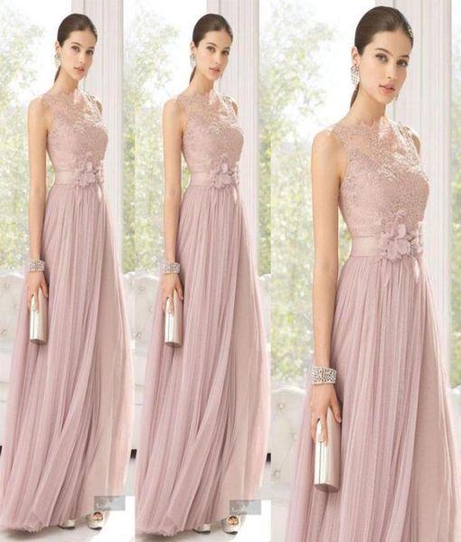 2016 Vestidos de dama de honor baratos Blush Pink ALine Tulle Lace Vestidos largos de dama de honor Hasta el suelo Vestidos de dama de honor transparentes Girls56541408227