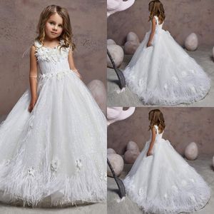 2022 Luxe Fleur Filles Robes Pour Les Mariages Blanc Ivoire Plume 3D Floral Paillettes Dentelle Longue Fête Princesse Enfants Fille Fête Anniversaire Robes De Noël