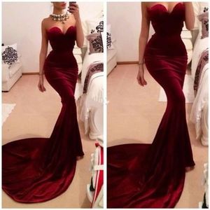 2016 Goedkope Prachtige Donkerrood Fluwelen Avondjurken Court Trein Lange Mermaid Sweetheart Bourgondië Formele Bruidsmeisje Prom Dress Party-jassen