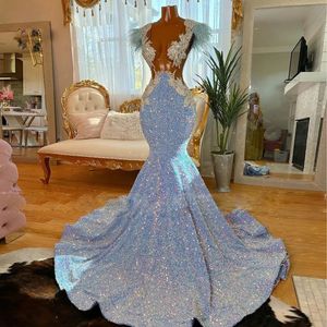 Glitter Blauwe Lovertjes Galajurken 2024 Nieuwe Sheer Kelderen Hals Kant Applique Veer kralen Vrouwen Verjaardagsfeestje Avondjurken Zwarte meisjes vestido de bal