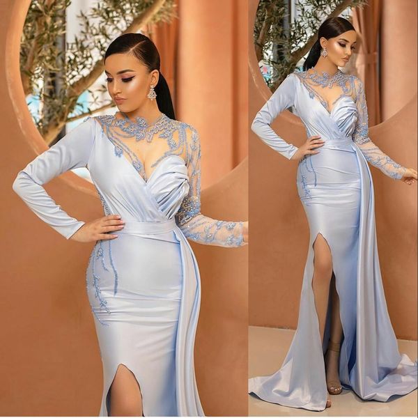 2021 Sexy élégant arabe robes de soirée pour les femmes bijou cou illusion cristal perles manches longues sirène côté fendu bleu clair robes de bal robe d'occasion spéciale