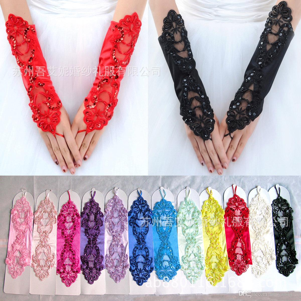 New Free Shipping Cheap Long Below Elbow Length Gloves For bride Black Red Fingerless Lace Pearl Beads Wedding Accessories Bridal Gloves