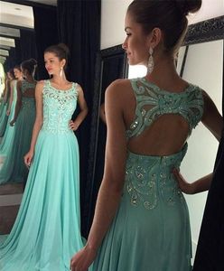 2016 Hot New Prom Dresses Illusion Neck Lace Crystal Beads Fiesta larga Vestidos de noche Open Back Blue Chiffon Plus Size 2016 Ocasión Vestido