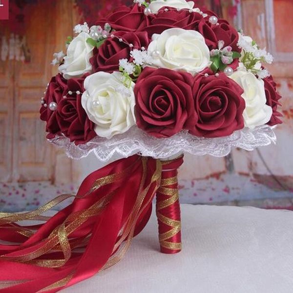 2016 Ramo de Boda Barato Rosa/Rojo/Blanco/Borgoña Flor de Dama de Honor Nupcial Flor Artificial Ramo de Rosas Novia Buque de noiva