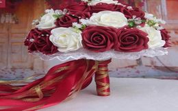 2016 Bouquet de mariage bon marché Pinkredwhiteburgundy Brideal Bridesmaid Fleur artificielle Fleur Rose Bouquet Buque de Noiva2452808