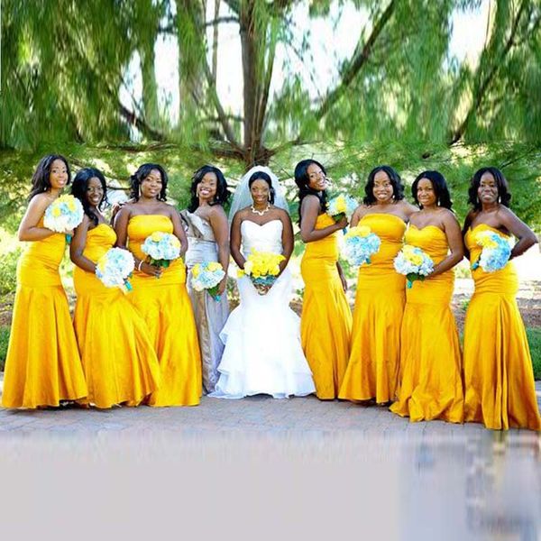 Alegre nigeriano BellaNaija vestidos de dama de honor bodas brillante dorado amarillo sirena Sexy confesar vestido largo de dama de honor barato