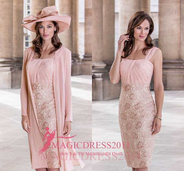 2019 dentelle rose mère de la mariée robes gaine carré genou longueur robe de soirée pour mariage mère marié robes à manches courtes