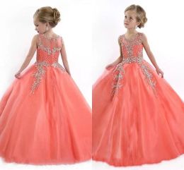 2016 Crew Neck Lace Applique Tulle Girls Pageant Dresses Princess Crystal Beads White Coral Kids Flower Girls Dress Birthday Party Gowns DWJ0301