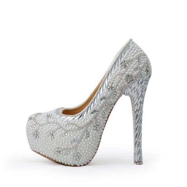 Zapatos de boda de tacón de cristal, zapatos de novia hechos a mano con perlas blancas, lujosos zapatos de tacón alto con diamantes de imitación para mujer, zapatos de plataforma de talla grande