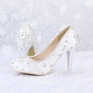 Chaussures de mariage en cristal blanc Satin couleur Banquet Pageant robe chaussures bout rond plates-formes femmes chaussures saint valentin fête pompes