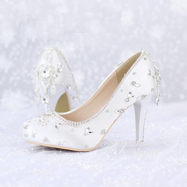 Chaussures de mariage en cristal blanc Satin couleur Banquet Pageant robe chaussures bout rond plates-formes femmes chaussures saint valentin fête pompes