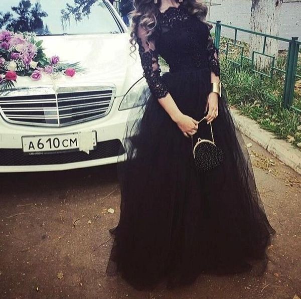 2016 Custom Long Fitted Prom Dresses Online Sexy Illusion Beaded Lace Applique Jewel 3/4 Long Sleeve A Line Black Vestidos de noche formales
