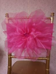 2016 Custom Made 3D Flower Plum Plum Custers Romantische Organza Mooie stoel Sjerpen Goedkope Bruiloft Stoel Decoraties 0332