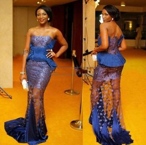 2016 Design Aso Ebi Mermaid Sheer Lace Evening Jurken Strapless met geplooide blauwe Satin Peplum Formele Afrika avondjurken Sweep 8700949