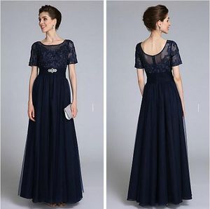 Elegante madre de la novia Vestidos de novio Hasta el suelo Manga corta Una línea Scoop Apliques con listones Vestidos de noche de fiesta de bodas