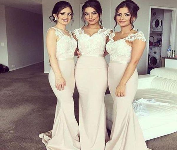 2016 Adorno de belleza con fajín Vestidos de dama de honor Largo y barato Fiesta de graduación Ocasión de boda Trompeta Vestido de dama de honor romántico 9752370