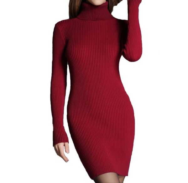 2016 Otoño Invierno Mujeres Stretch Vestidos de suéter de punto Cuello alto Manga larga Vestido de lápiz de lana flaco Rojo Gris Negro Blanco Rosa1998710