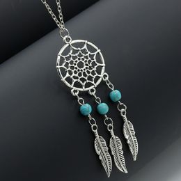 Vente chaude Dream Catchers colliers ras du cou ailes d'argent vintage plume feuille pendentif turquoise collier réglable pour les bijoux de mode des femmes