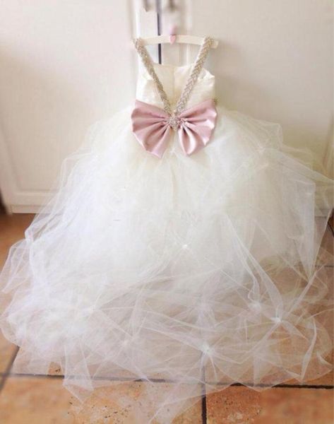2016 vestidos de niñas de flores para bodas con cuentas de espagueti plisado de tul lindo arco rosa vestidos de primera comunión vestidos del desfile para Gi1418477