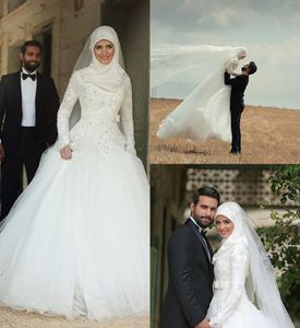 2017 volledige kant elegante moslim trouwjurken kant geappliceerd hoge hals lange mouwen trouwjurk a-line sweep trein witte bruidsjurk