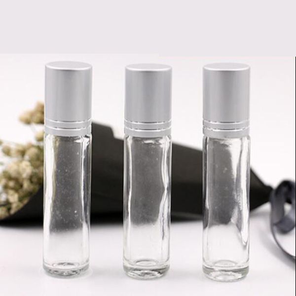 Voyage Verre Roll On 8 ml Parfum Huile Essentielle Bouteilles Rechargeable Vide Parfum Marche Perle Huile Échantillon Emballage Liquide Bouteille Conteneur Parfums Argent