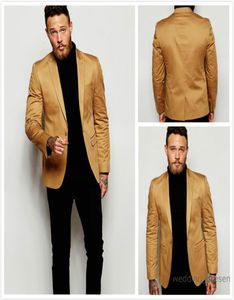 2016 Gold Blazer Slim Fit Tuxedo Suits voor bruidegomsmen Peaked Rapel Wedding Suits Custom Made Prom Mens Suits met zwarte broek9949535