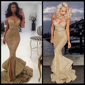 2016 Gold Mermaid Prom Dresses Mouwess Sweetheart Pailletten Sweep trein Spaghetti -band Fomal avondfeestjurken op maat gemaakt