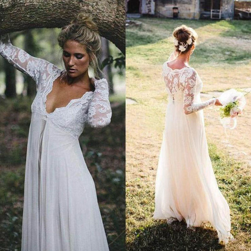 Gorgeous Empire Waist Lace Chiffon Wedding Dresses Cheap High Quality Illusioin Long Sleeves Bridal Gowns for Maternity Pregnant Brides