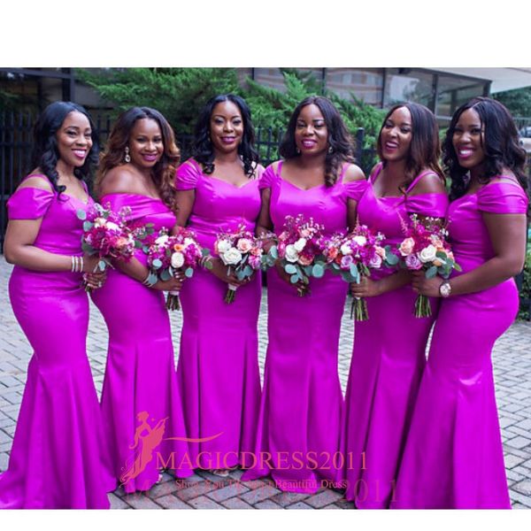 2019 Gorgeous Nigeria Brasil Vestidos de dama de honor Sirena Fuera del hombro Playa fucsia Vestidos de invitados de boda vintage Fiesta Vestido de dama de honor