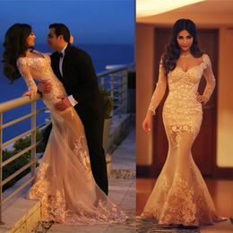 2016 Gorgerous Myriam Tarieven Mermaid Prom Jurken Arabische Dubai Lace Sheer Lange Mouwen Arabische Feestjurken Applique Formele Avondjurken