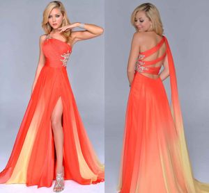 Gradiënt ombre prom jurken oranje chiffon kant split avond formele jurk een-schouder feestjurk criss cross riemen rug mooi