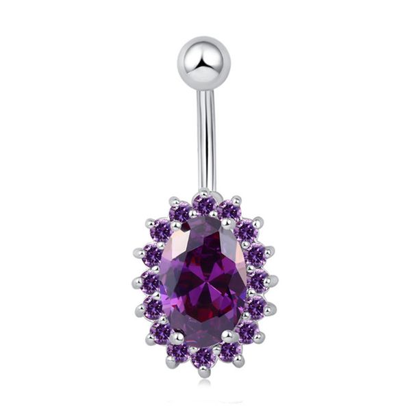 Anneau de ventre pour femme plaqué or blanc 18 carats, grand bouton de cloche en CZ blanc/violet pour femme pour fête de mariage