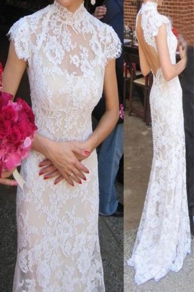 2016 Robes de mariée en dentelle de style Cheongsam High Collar avec manches courtes Open de mariage robe formelle sur mesure Brida1719797 sur mesure Avancé sur mesure