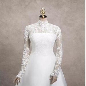 2016 Hoge Hals Bruids Wraps Goedkope Mode Bruiloft Bruids Jassen Lange Mouw Witte Kant Bruiloft Wraps 234b