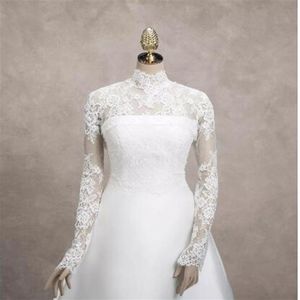 2016 High Neck Bridal Wraps Goedkope Mode Bruiloft Bruidsjassen Lange mouw Wit Kant Bruiloft Wraps 224Q