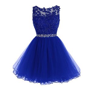 Hoge Kwaliteit Korte Kant Royal Blue Homecoming Jurken Sheer Bateau Hals Mouwloze Beaded Applicaties Tule Rok Prom Jurken Custom