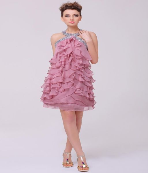 2016 robes de soirée perlées licou couches jupes en mousseline de soie à volants sans manches mini court poussiéreux rose vraies photos robes de bal9022416